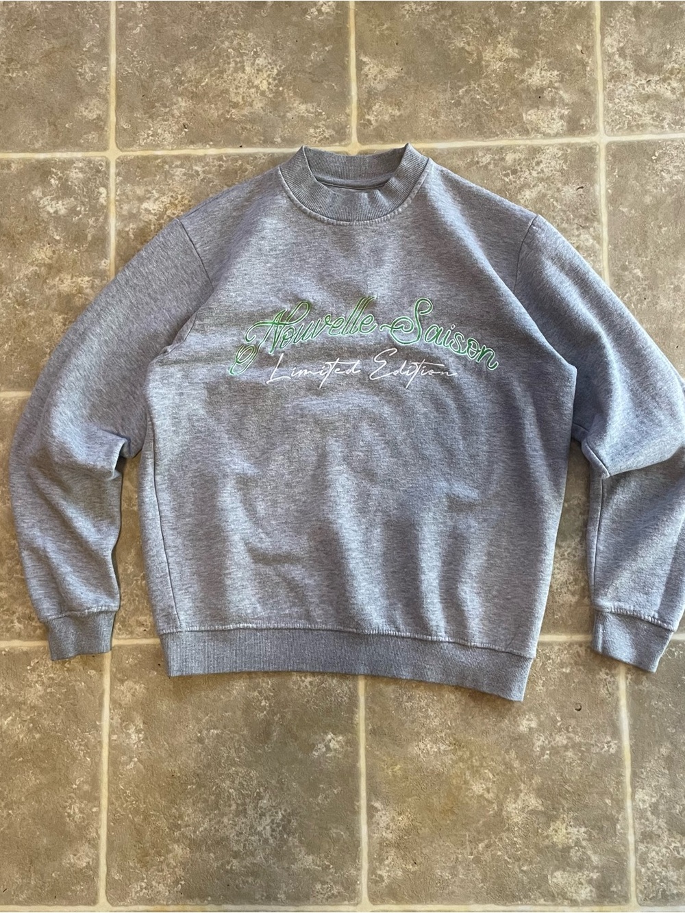 Men's Gray Crewneck Sweatshirt with Green Script Embroidery